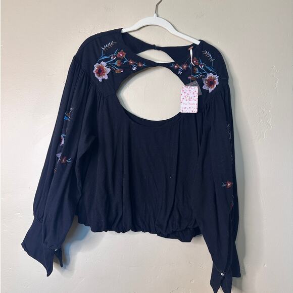 NWT Free People Black Embroidery Lita Long Sleeve Top LARGE - Picture 2 of 9